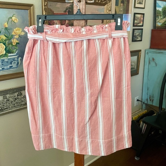 Loft linen blend striped belted button skirt lined elastic waist XS pink white - Picture 5 of 8